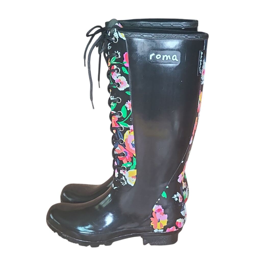 Roma Womens SZ 7 Sadie Robertson Black & Floral Tall Lace Up Rain Boots